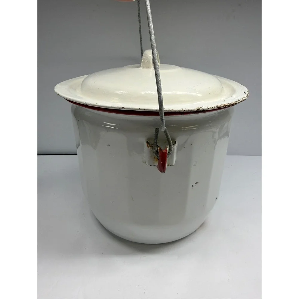 Vintage White Enamelware Lidded Pot Red Trim Wooden Handle Farmhouse Bucket